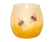 Cute bee candle holder - hand painted bees set on a honey coloured, strawsilk background - handmade in Devon by Karen Keir