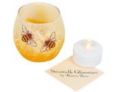Cute bee candle holder - hand painted bees set on honey coloured, strawsilk background - includes LED battery tealight - handmade in Devon