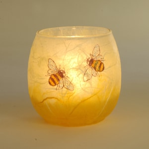 Hand Painted Bee Candle Holder: Straw silk Glass, includes LED Tealight