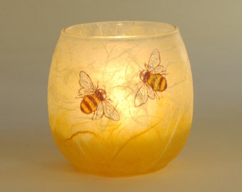 Best selling Bee candle holder - glittery bees on golden honey tones - hand painted on strawsilk glass - includes LED battery tealight