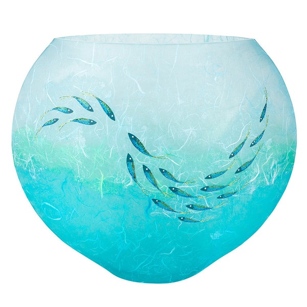Ocean Fish Gallery Vase - extra large statement piece made with painted, sparkly fish on strawsilk ocean background - made by Karen Keir