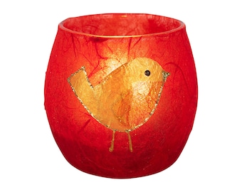 Red Robin candle holder - hand decorated Christmas Robin  strawsilk glass - includes LED battery tealight