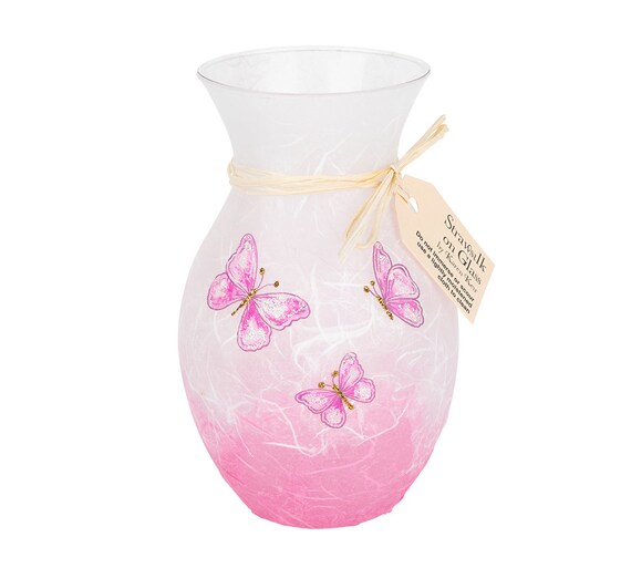 Pink butterfly vase - sparkly butterflies on strawsilk glass - handmade by Karen Keir