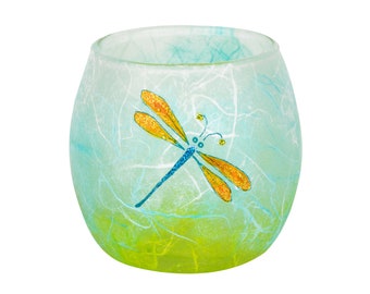 Glass tea light candle holder - small tealight handmade votive with delicate dragonfly on spring colours - includes LED battery tealight