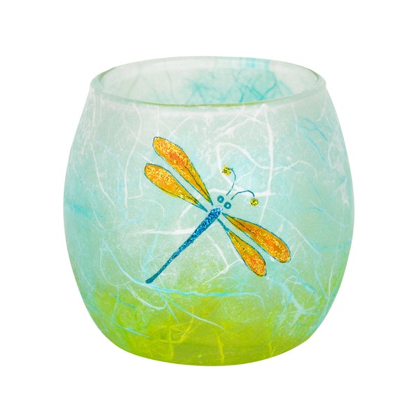 Glass tea light candle holder - small tealight handmade votive with delicate dragonfly on spring colours - includes LED battery tealight