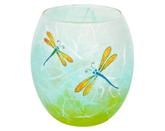 Dragonfly candle holder - strawsilk glass - hand decorated with sparkly dragonflies on spring colours