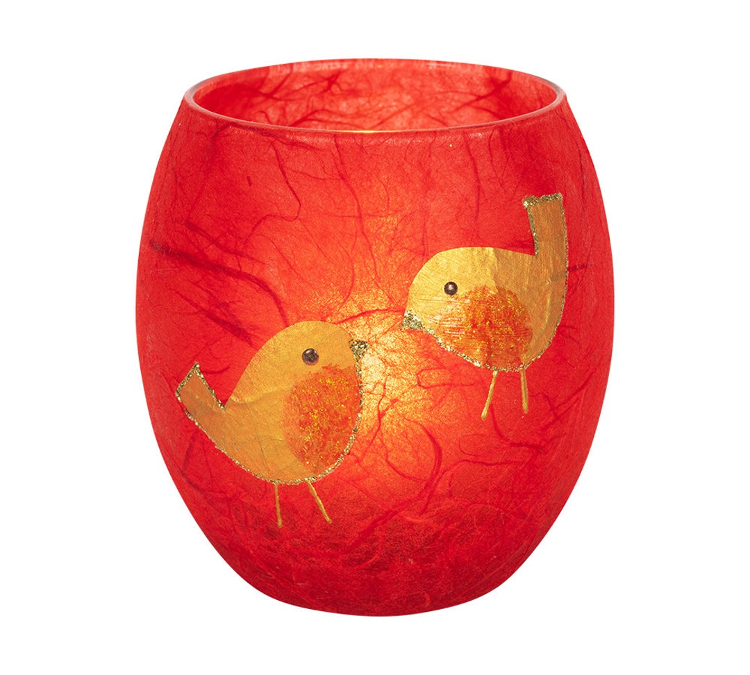 Red Robin Candle Holder - Hand Decorated Strawsilk Glass Candle - Etsy UK