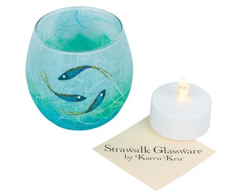 T light candle holder - hand painted fish on aqua and turquoise strawsilk glass with a hint of sparkle - includes LED battery tealight