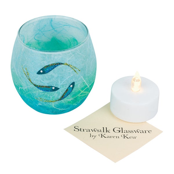 T light candle holder - hand painted fish on aqua and turquoise strawsilk glass with a hint of sparkle - includes LED battery tealight