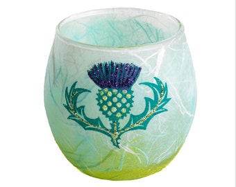 Scottish thistle candle holder - strawsilk glass candle - hand decorated thistle votive