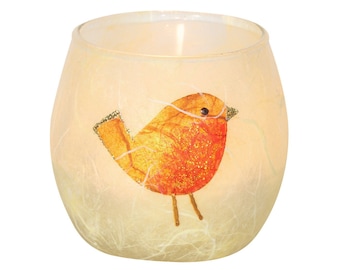 T light candle holder - Cute Robin sparkly candle holder - tealight votive - natural strawsilk on glass -  includes LED battery tealight