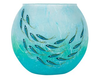 Ocean fish bowl large - shimmering fish shoal on shades of ocean blue strawsilk - made by Karen Keir in Devon