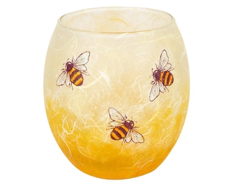 Bee candle holder medium - sparkly dainty bees on honey and golden strawsilk glass. Made in Devon by Karen Keir