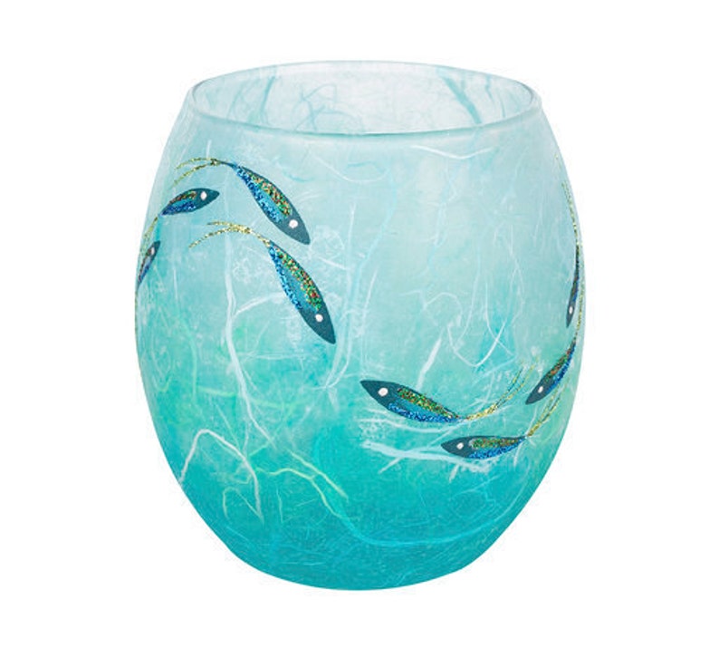 Fish candle holder beautiful shimmering fish hand painted on aqua and turquoise strawsilk glass made by Karen Keir in Devon zdjęcie 1