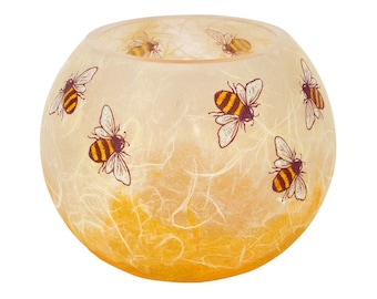 Bee round candle holder - bubble ball - warm honey colours with glittery bees made by Karen Keir in Devon