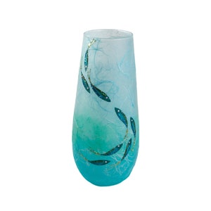 Pretty stem vase - fish shoal on turquoise and aqua strawsilk glass - shimmering fish - handmade in Devon by Karen Keir