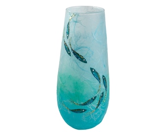 Turquoise Stem or Bud vase with hand painted fish shoal. Strawsilk Glass Art