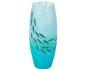 Tall fish vase - gorgeous strawsilk glass vase with fish shoal on a turquoise aqua background - handmade in Devon by Karen Keir