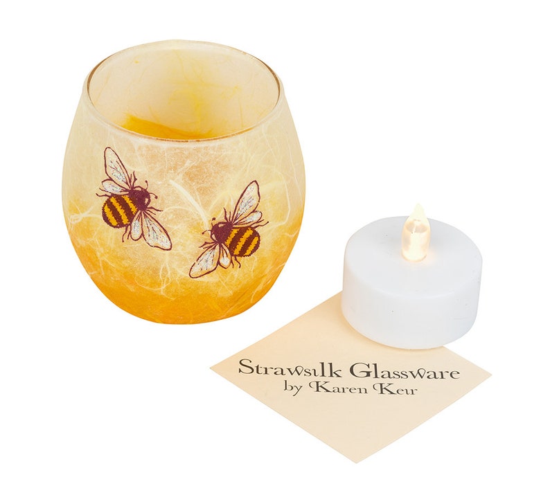 Glass t light candle holder -  pretty hand painted bees  on a honey, strawsilk background - includes LED battery t light - handmade in Devon 