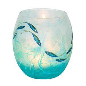 Fish candle holder beautiful shimmering fish hand painted on aqua and turquoise strawsilk glass made by Karen Keir in Devon zdjęcie 2