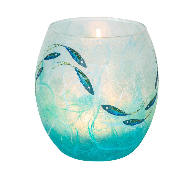 Fish candle holder beautiful shimmering fish hand painted on aqua and turquoise strawsilk glass made by Karen Keir in Devon zdjęcie 2