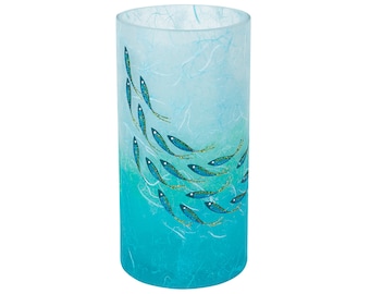 Beautiful cylinder vase - lovely shoal of shimmering fish on turquoise, aqua strawsilk glass - handmade in Devon by Karen Keir