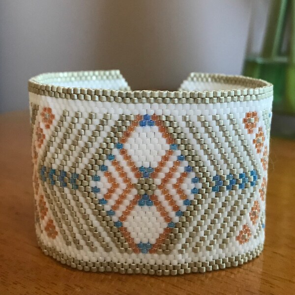Beaded Bracelet, pastel wide cuff, patterned bracelet, unique gift