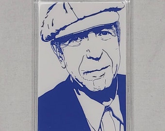 Fridge magnet featuring a portrait of Leonard Cohen