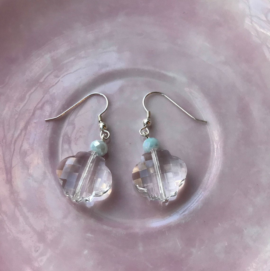 Floral shaped crystal bead earrings with light blue glass Etsy
