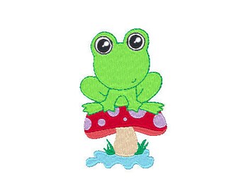 Frog on Mushroom Embroidery Design, Machine Embroidery File (Digital Download)