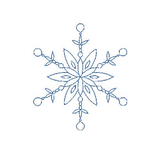 May include: A blue snowflake with six points, each point has a small circle at the end and a small leaf-like shape in the middle.