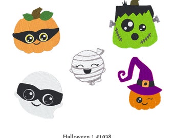 May include: A digital machine embroidery design set featuring five Halloween characters: an orange pumpkin with a black mask, a green Frankenstein monster, a white mummy, a white ghost with a black mask, and an orange pumpkin wearing a purple witch hat.