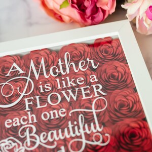 May include: A white-framed artwork with a floral design. The image features a bed of red roses, with the words "A Mother is like a FLOWER, each one Beautiful" in white script. Pink flowers are visible in the background.