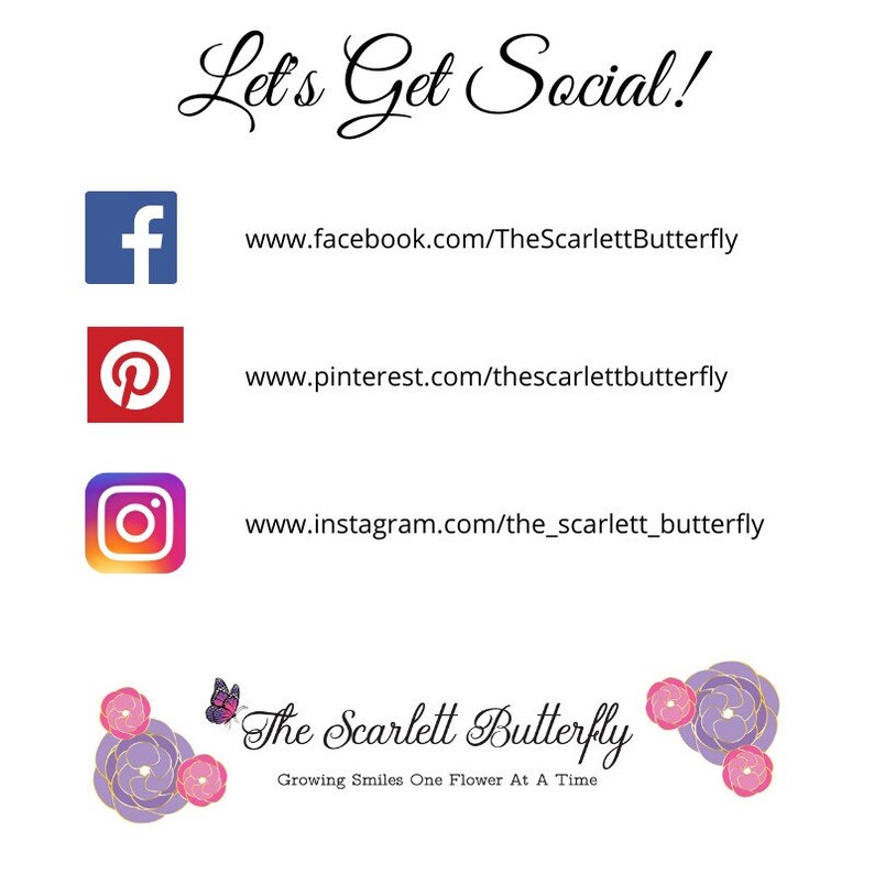 May include: A white graphic with the text "Let's Get Social!" and social media icons for Facebook, Pinterest, and Instagram. Each icon links to the Scarlett Butterfly's social media pages.