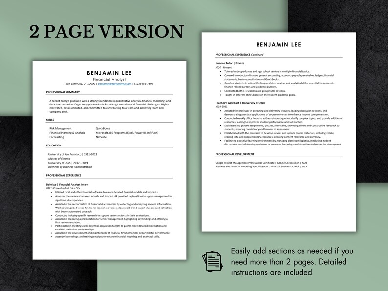 Entry Level Resume Template for Word & Google Docs With Free Cover ...