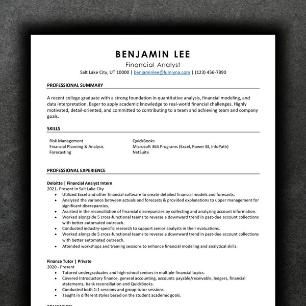 Entry Level Resume Template for Word & Google Docs | ATS Optimized | Benjamin Lee the Financial Analyst
