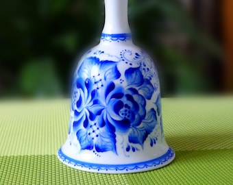 Blue and white porcelain bell hand painted handmade ceramic bell collectibles unique rare signed by artist hotel home decor