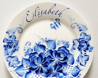 Personalised hand painted name plates blue and white bone china quote gift dessert dish for cabinet