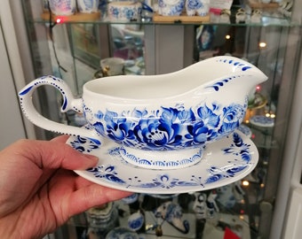 Gravy Boat  Hand painted blue and white bone china by artist Lana Arkhi RMS