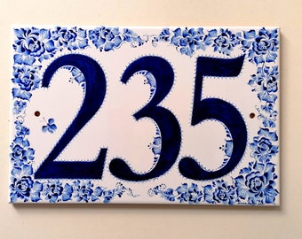 Custom house number tile. Hand painted blue and white ceramics by Lana Arkhi RMS.