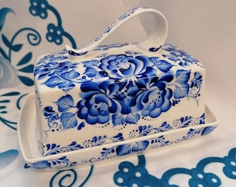 Butter dish Hand painted blue and white bone china by artist Lana Arkhi RMS