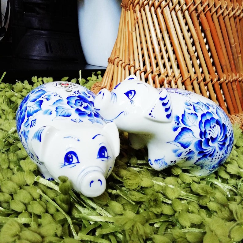 Large piggy bank money box Hand painted blue and white bone china pig in a gift box image 7