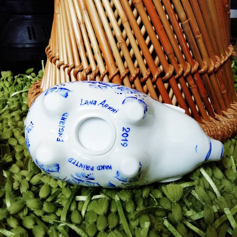 Large piggy bank money box Hand painted blue and white bone china pig in a gift box image 4