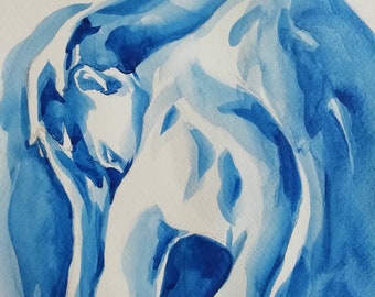 Original Watercolour Painting Bather Study of a nude female model Blue and white art by Lana Arkhi