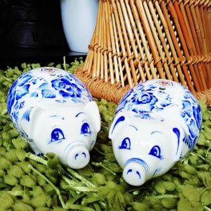 Large piggy bank money box Hand painted blue and white bone china pig in a gift box image 6