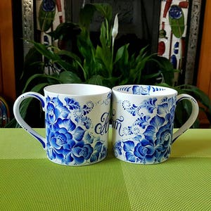 Personalised name mug 100% hand painted blue and white bone china quote gift wedding / birthday present