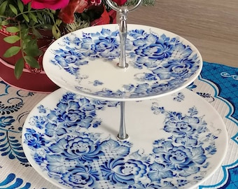 2 tier cake stand Hand painted blue and white porcelain in Gzhel style by Lana Arkhi