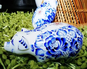 Large piggy bank money box Hand painted blue and white bone china pig in a gift box