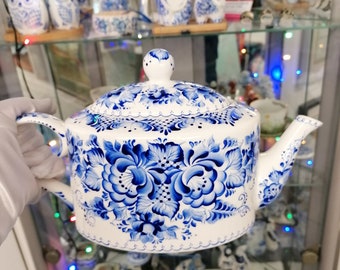 Beautiful Blue and white TEAPOT hand painted bone china in Gzhel style