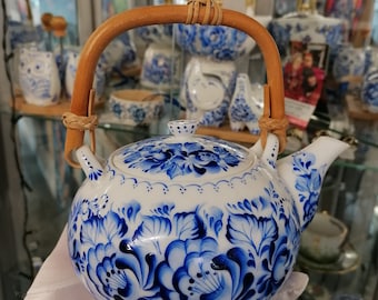 Unique and rare. Tea for two Blue and white TEAPOT hand painted bone china in Gzhel style small tea pot by Lana Arkhi